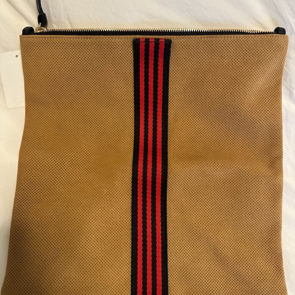 CLARE V. Perforated Suede Foldover Clutch Bag Camel Tan W/ Stripe NEW. - Picture 6 of 7